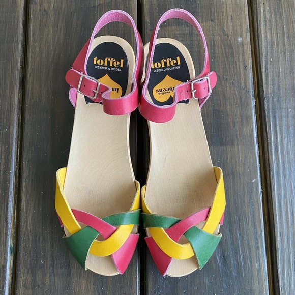 Swedish Hasbeens Toffel Multi Leather Wooden Heel Clog Sandals Size EU 39 US 8.5 - Picture 5 of 12